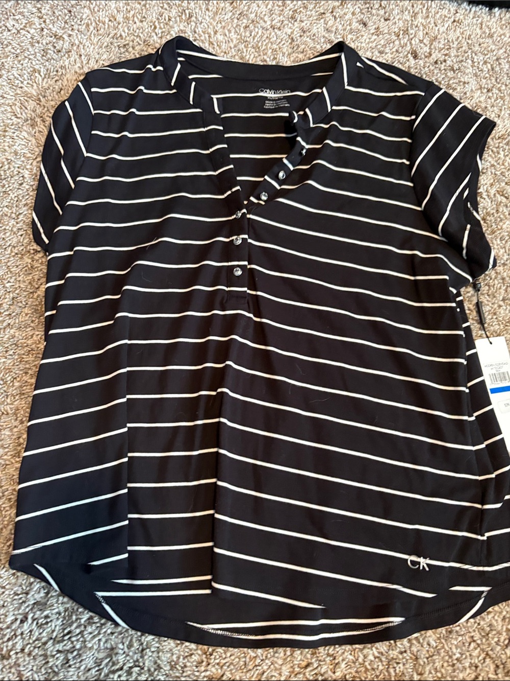 Calvin Klein Black and White Striped Button-Front Top